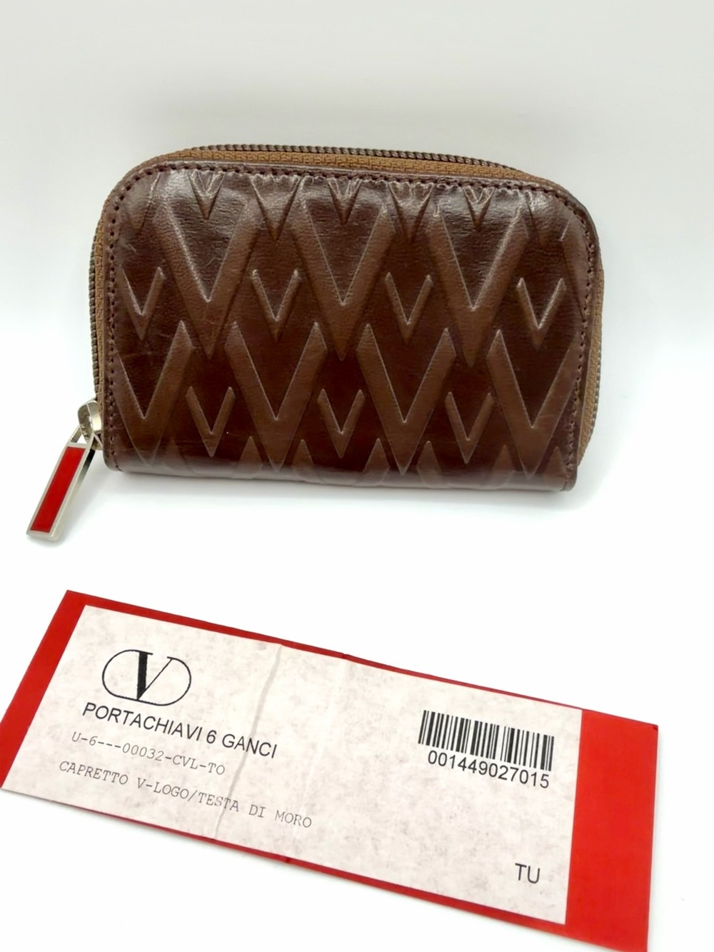 Valentino Garavani Portachiavi 6 Gianci Brown Quilted Leather key card holder